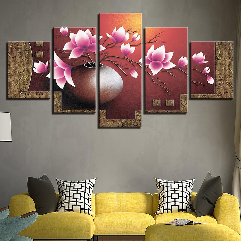 Magnolia Flowers Vase 5 Piece HD Multi Panel Canvas Wall Art Frame - Original Frame