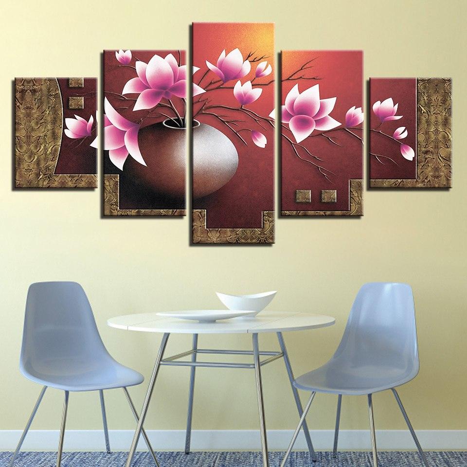 Magnolia Flowers Vase 5 Piece HD Multi Panel Canvas Wall Art Frame - Original Frame