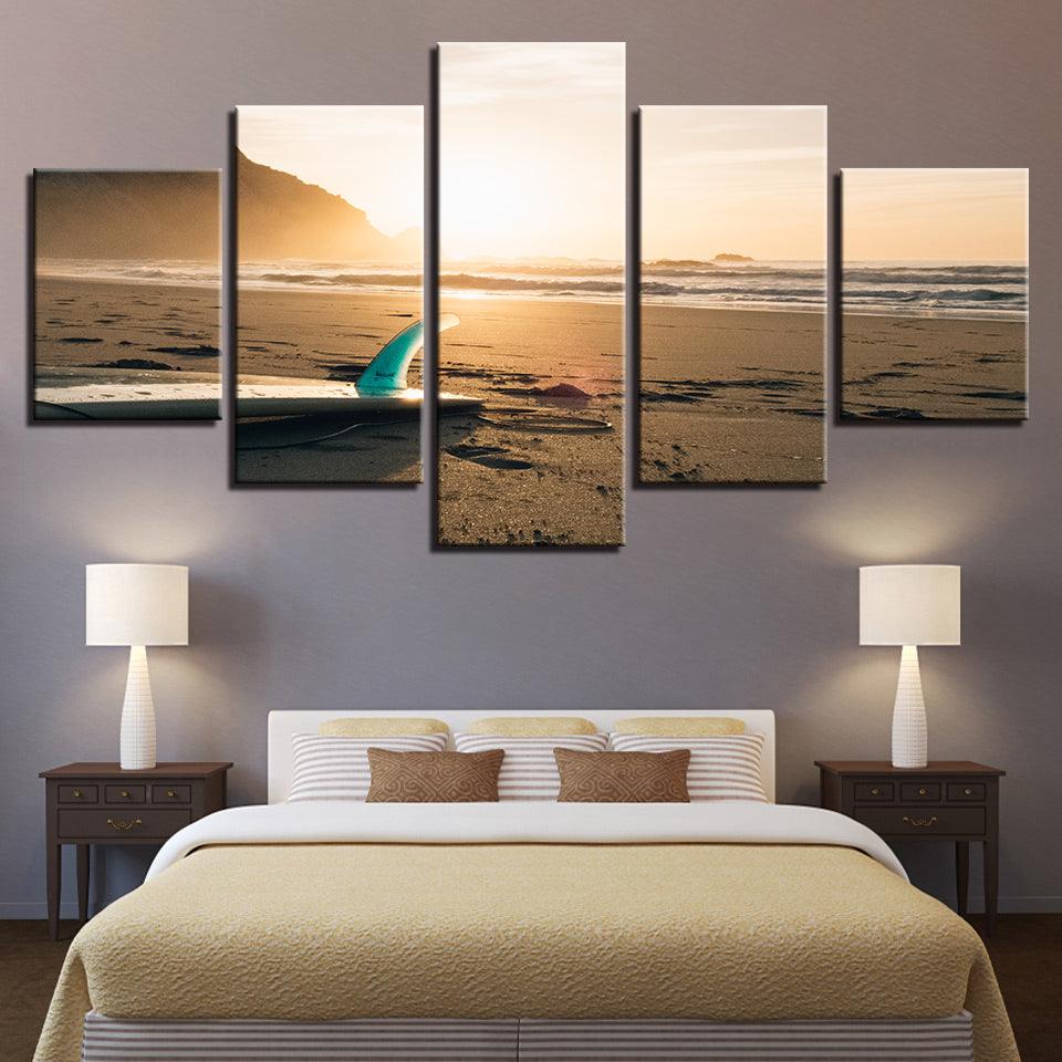 Sunshine Beach Surf Board 5 Piece HD Multi Panel Canvas Wall Art Frame - Original Frame