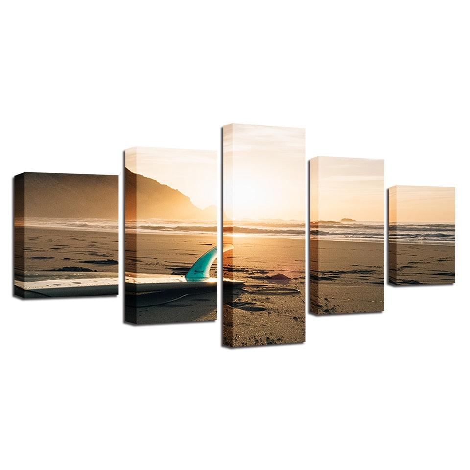 Sunshine Beach Surf Board 5 Piece HD Multi Panel Canvas Wall Art Frame - Original Frame