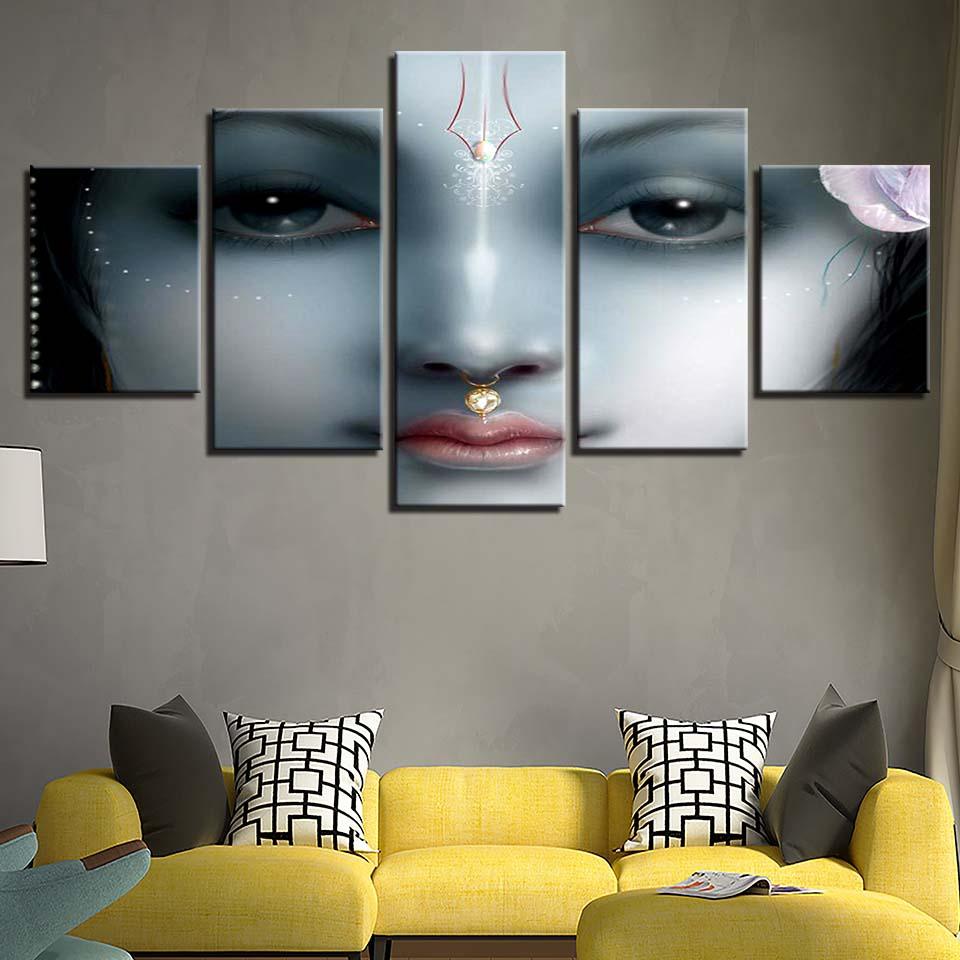 Shri Krishna 5 Piece HD Multi Panel Canvas Wall Art Frame - Original Frame