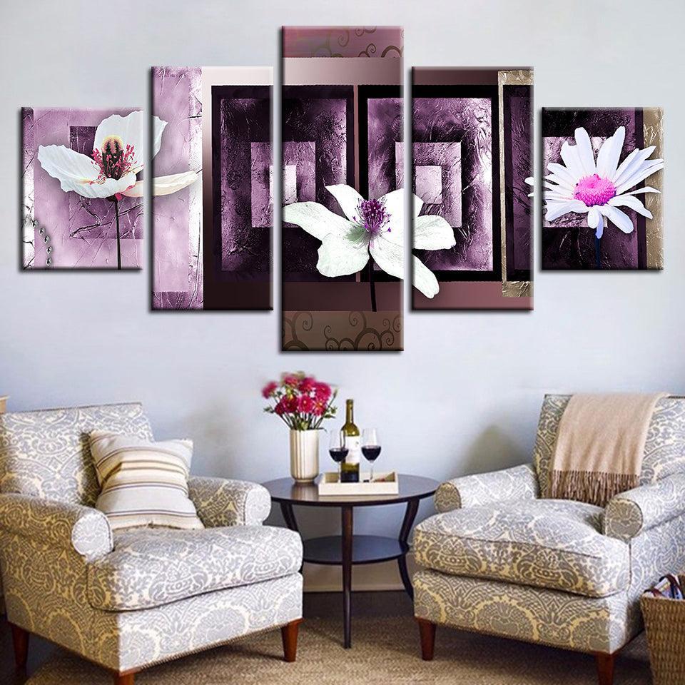 Three White Pink Flower 5 Piece HD Multi Panel Canvas Wall Art Frame - Original Frame