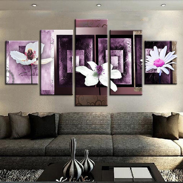 Three White Pink Flower 5 Piece HD Multi Panel Canvas Wall Art Frame - Original Frame