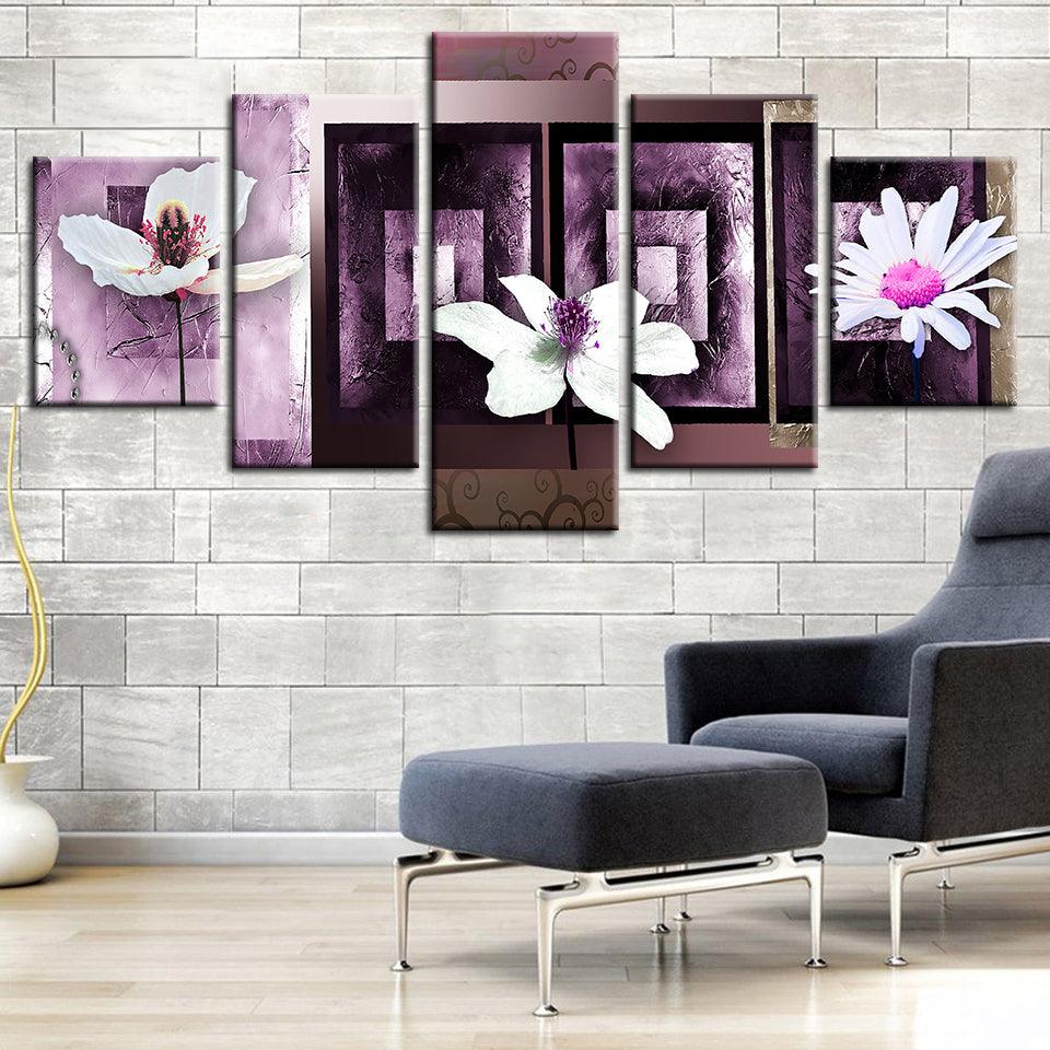 Three White Pink Flower 5 Piece HD Multi Panel Canvas Wall Art Frame - Original Frame
