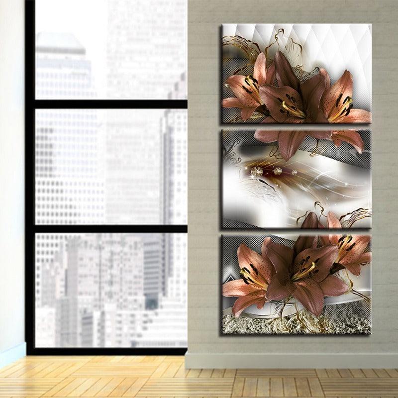 Lilies Flowers 3 Piece HD Multi Panel Canvas Wall Art Frame - Original Frame