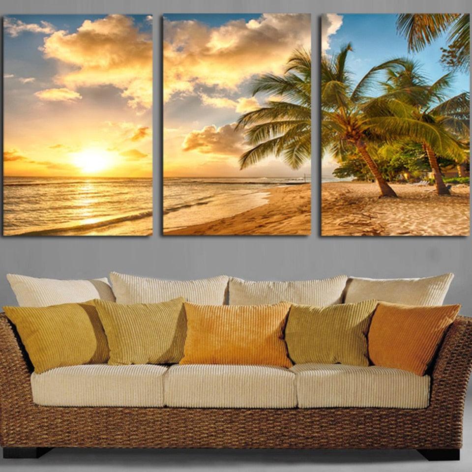 Sunset Beach Wave 3 Piece HD Multi Panel Canvas Wall Art Frame - Original Frame