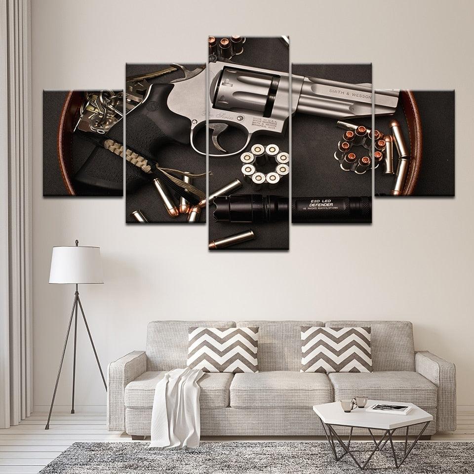 Gun and Bullets 5 Piece HD Multi Panel Canvas Wall Art - Original Frame