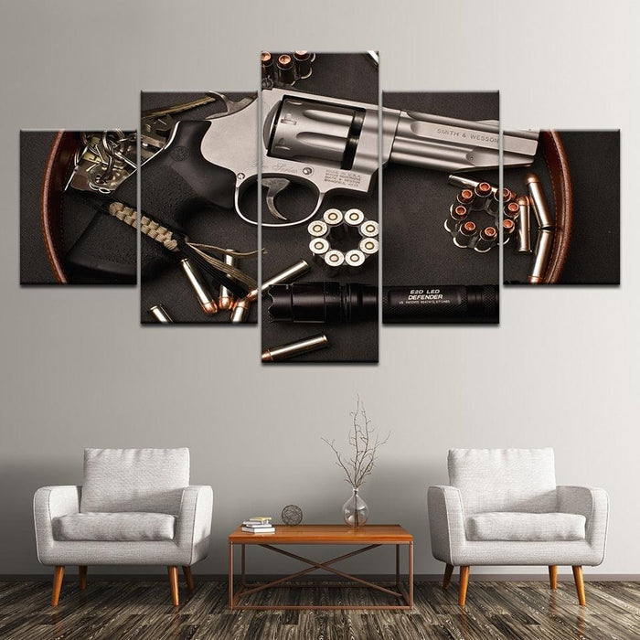 Gun and Bullets 5 Piece HD Multi Panel Canvas Wall Art Frame