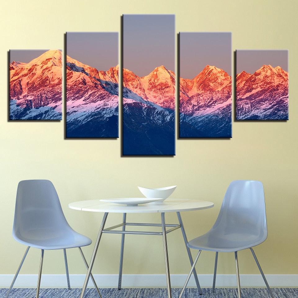 Sunset Snow Mountains Landscape 5 Piece HD Multi Panel Canvas Wall Art Frame - Original Frame