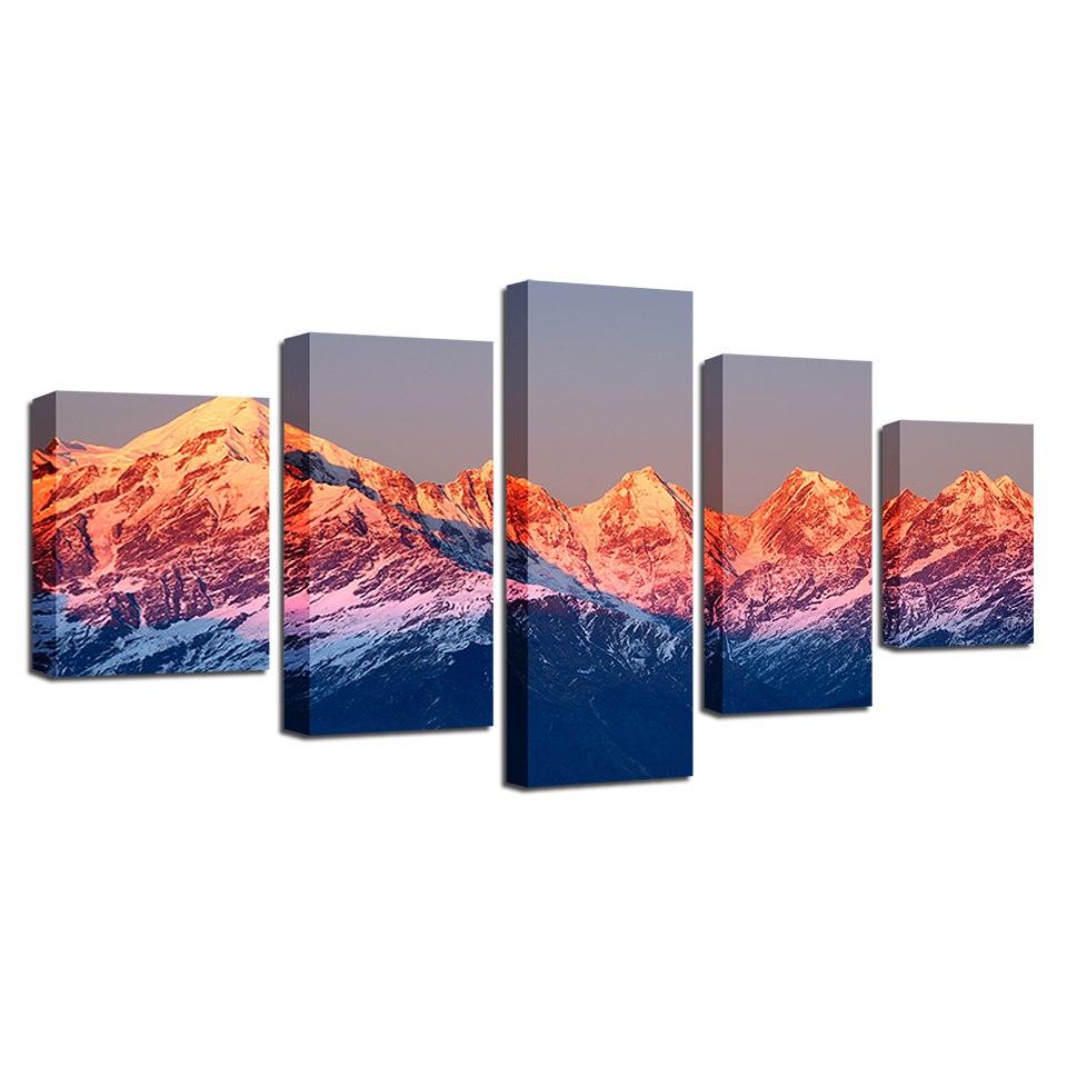 Sunset Snow Mountains Landscape 5 Piece HD Multi Panel Canvas Wall Art Frame - Original Frame