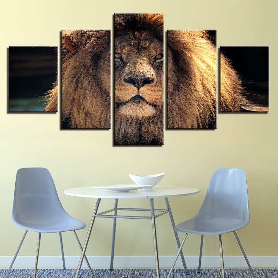 Animal Lion 5 Piece HD Multi Panel Canvas Wall Art Frame - Original Frame