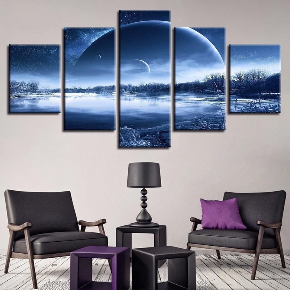 Moonlit Night 5 Piece HD Multi Panel Canvas Wall Art Frame - Original Frame