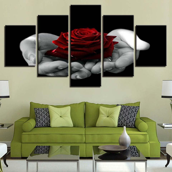 Hand Held Red Rose 5 Piece HD Multi Panel Canvas Wall Art Frame - Original Frame