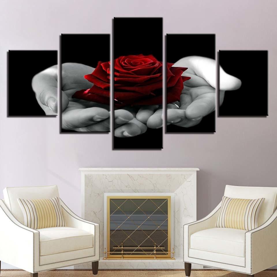 Hand Held Red Rose 5 Piece HD Multi Panel Canvas Wall Art Frame - Original Frame