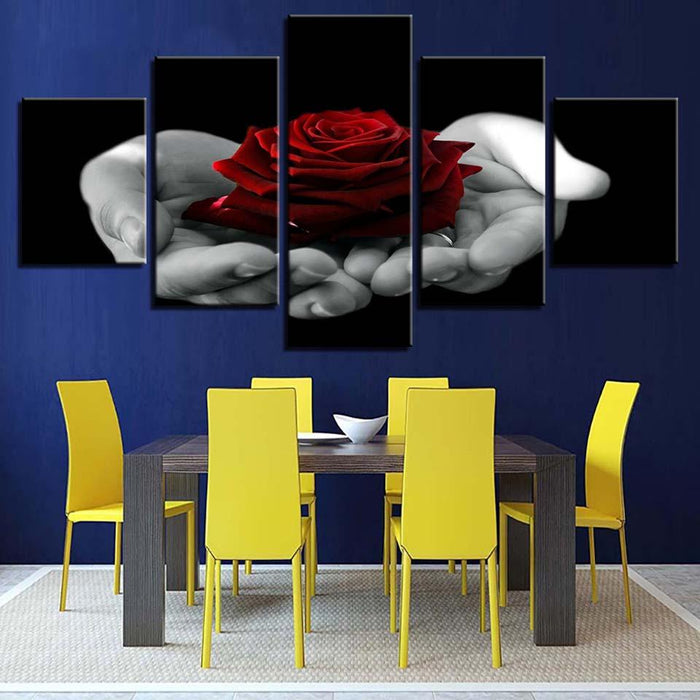 Hand Held Red Rose 5 Piece HD Multi Panel Canvas Wall Art Frame - Original Frame