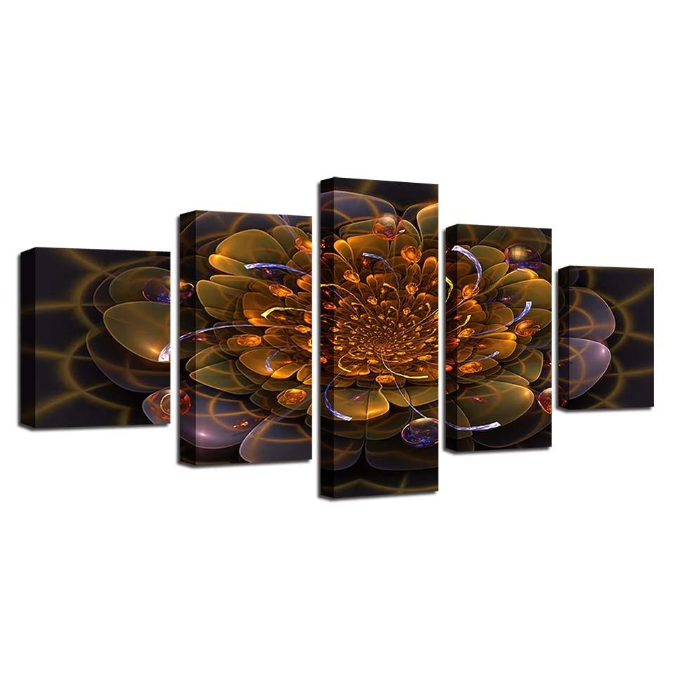 Golden Flower Abstract 5 Piece HD Multi Panel Canvas Wall Art Frame - Original Frame