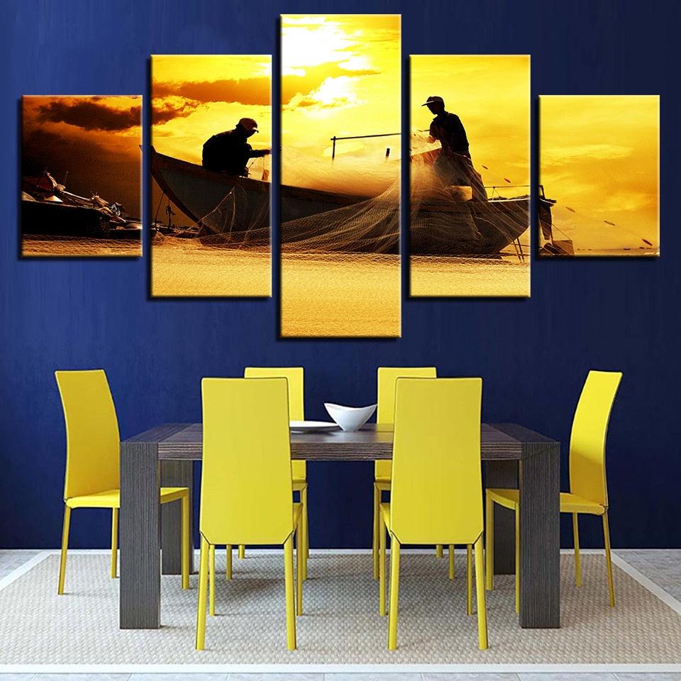 Fishermen At Sunset 5 Piece HD Multi Panel Canvas Wall Art Frame - Original Frame