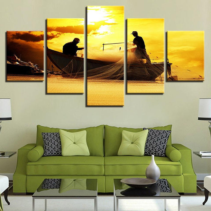 Fishermen At Sunset 5 Piece HD Multi Panel Canvas Wall Art Frame - Original Frame