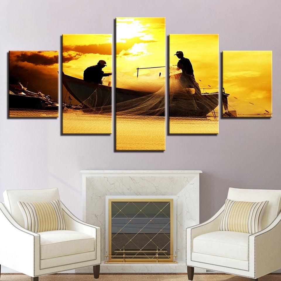 Fishermen At Sunset 5 Piece HD Multi Panel Canvas Wall Art Frame - Original Frame