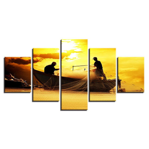 Fishermen At Sunset 5 Piece HD Multi Panel Canvas Wall Art Frame - Original Frame