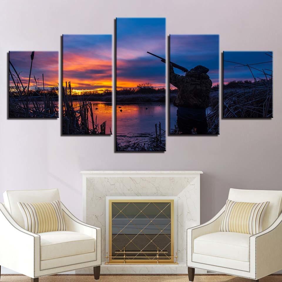 Lakeside Sunset 5 Piece HD Multi Panel Canvas Wall Art Frame - Original Frame