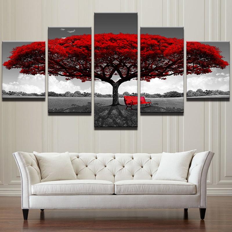 Red Tree Art 5 Piece HD Multi Panel Canvas Wall Art Frame - Original Frame