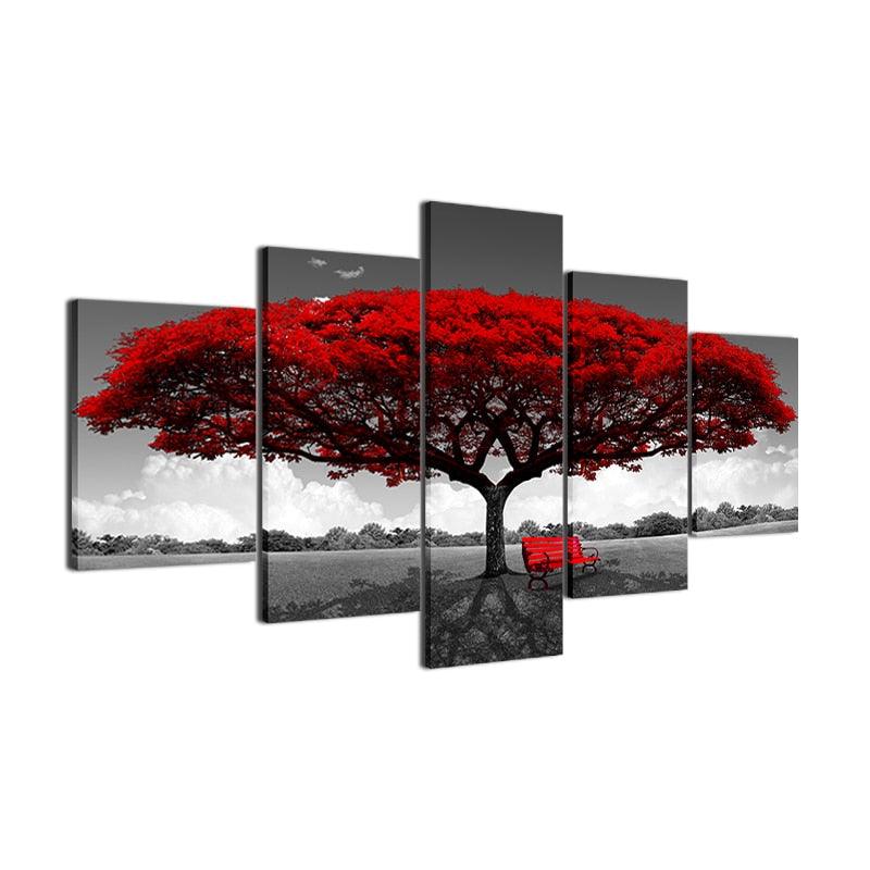 Red Tree Art 5 Piece HD Multi Panel Canvas Wall Art Frame - Original Frame