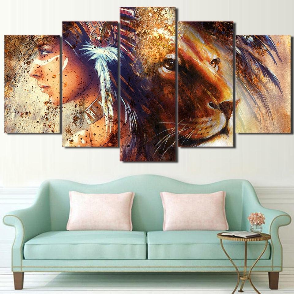 Indian Girl And Lion 5 Piece HD Multi Panel Canvas Wall Art Frame - Original Frame