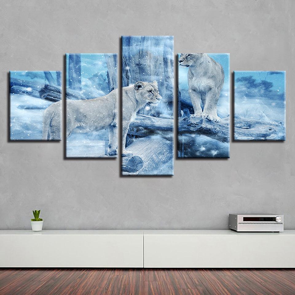 Lioness in Winter 5 Piece HD Multi Panel Canvas Wall Art Frame - Original Frame