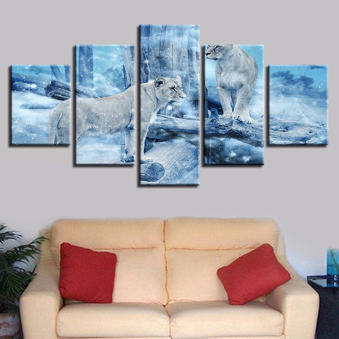 Lioness in Winter 5 Piece HD Multi Panel Canvas Wall Art Frame - Original Frame