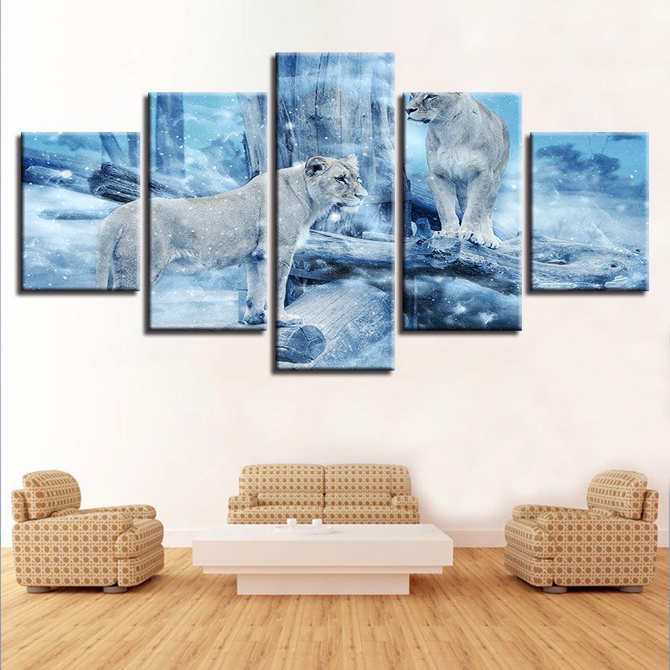 Lioness in Winter 5 Piece HD Multi Panel Canvas Wall Art Frame - Original Frame