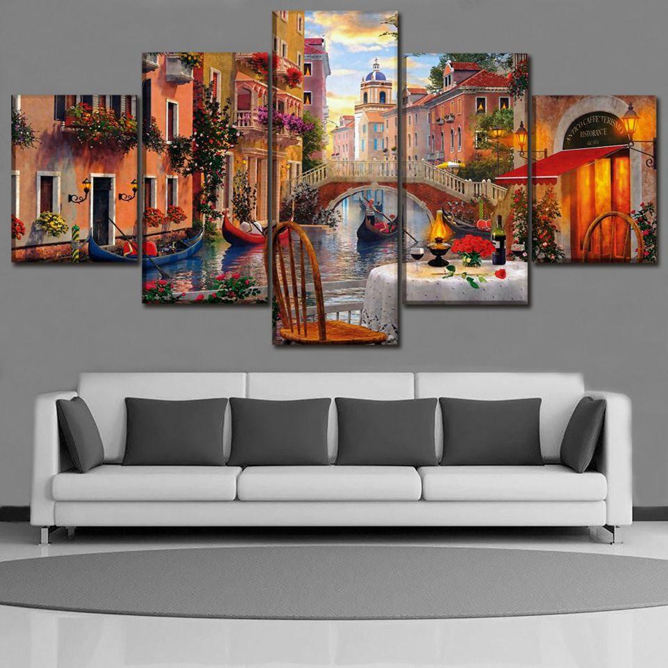 Venice Restaurant 5 Piece HD Multi Panel Canvas Wall Art Frame - Original Frame