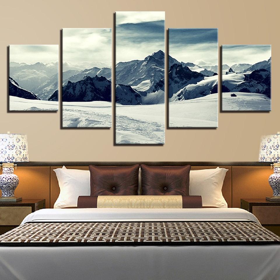 Snow Capped Mountains 5 Piece HD Multi Panel Canvas Wall Art Frame - Original Frame