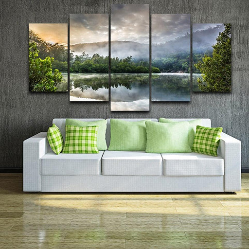 Reflection Of Trees On Surface Of Water 5 Piece HD Multi Panel Canvas Wall Art Frame - Original Frame