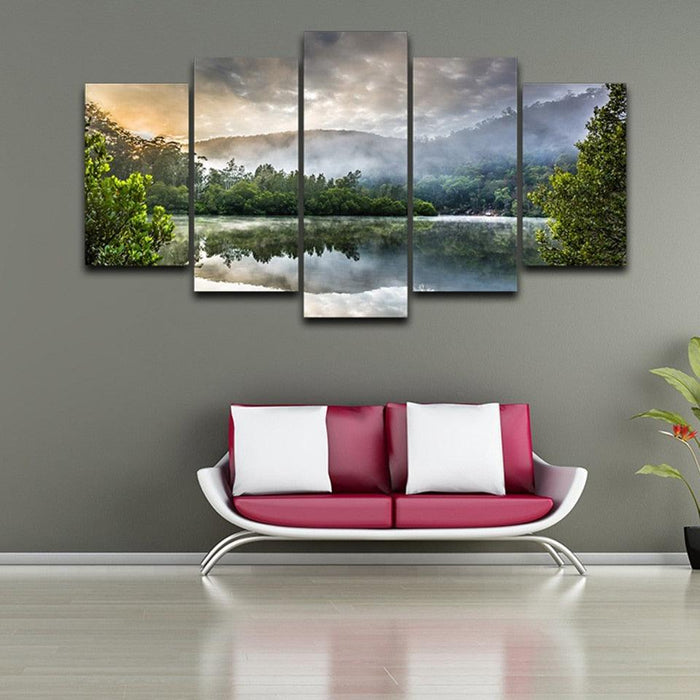 Reflection Of Trees On Surface Of Water 5 Piece HD Multi Panel Canvas Wall Art Frame - Original Frame