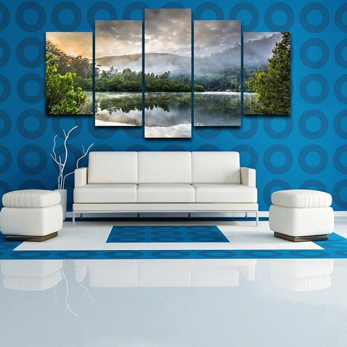 Reflection Of Trees On Surface Of Water 5 Piece HD Multi Panel Canvas Wall Art Frame - Original Frame