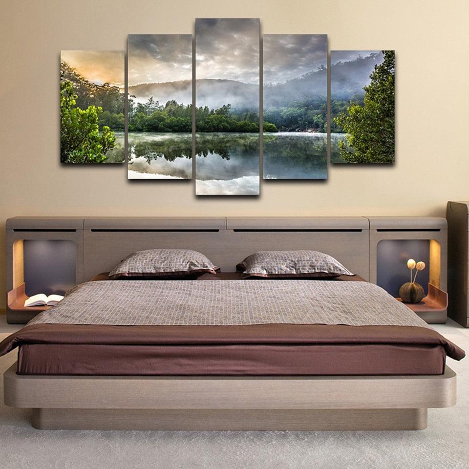 Reflection Of Trees On Surface Of Water 5 Piece HD Multi Panel Canvas Wall Art Frame - Original Frame