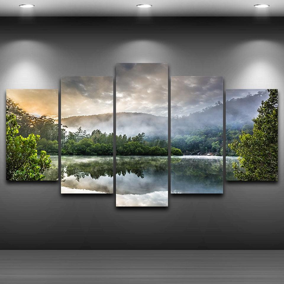 Reflection Of Trees On Surface Of Water 5 Piece HD Multi Panel Canvas Wall Art Frame - Original Frame