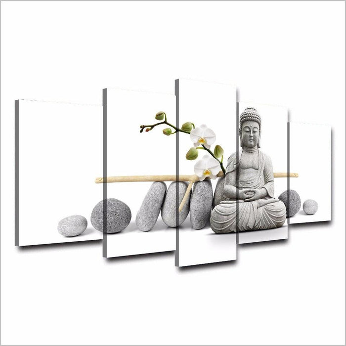 Zen Buddha with Orchids 5 Piece HD Multi Panel Canvas Wall Art Frame - Original Frame