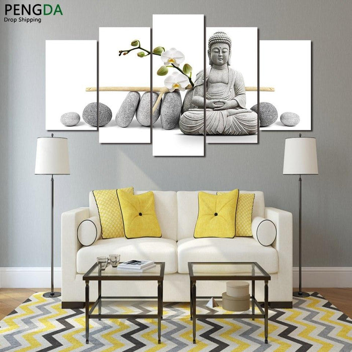 Zen Buddha with Orchids 5 Piece HD Multi Panel Canvas Wall Art Frame - Original Frame