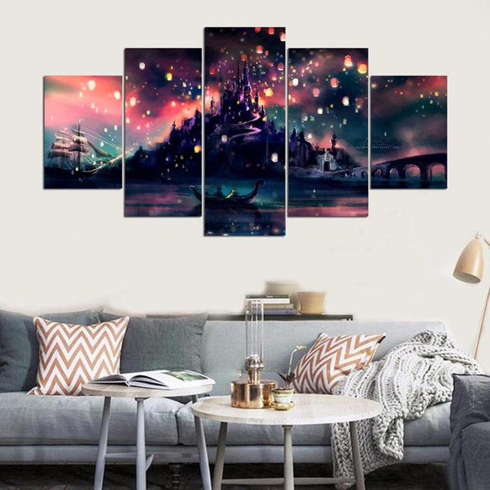 Sky Lantern Castle 5 Piece HD Multi Panel Canvas Wall Art Frame - Original Frame