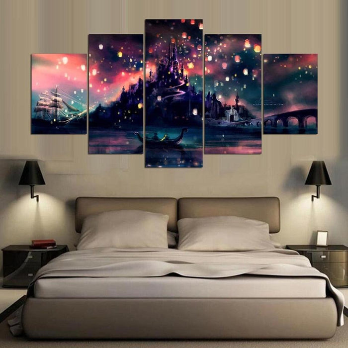 Sky Lantern Castle 5 Piece HD Multi Panel Canvas Wall Art Frame - Original Frame