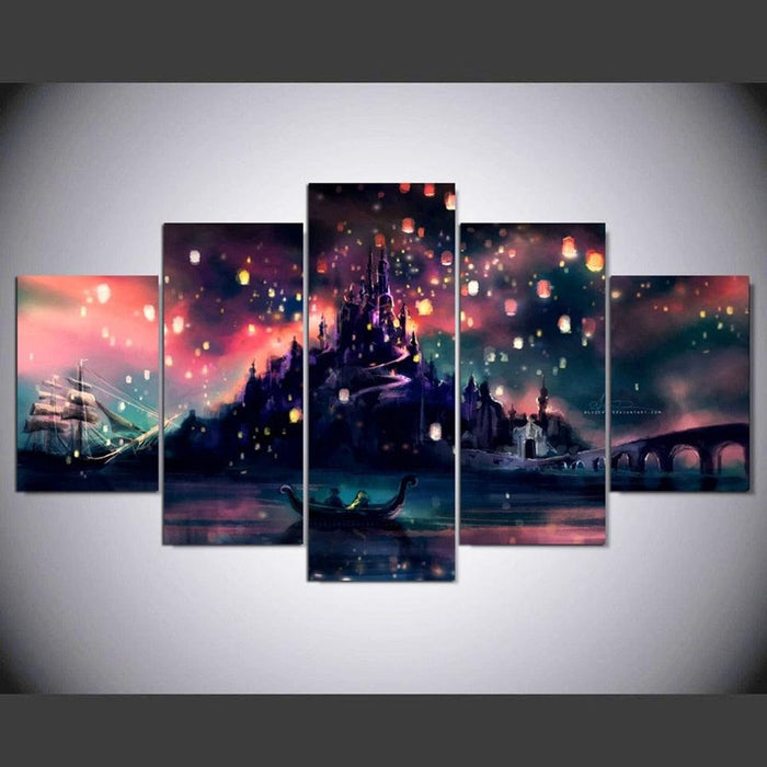 Sky Lantern Castle 5 Piece HD Multi Panel Canvas Wall Art Frame - Original Frame