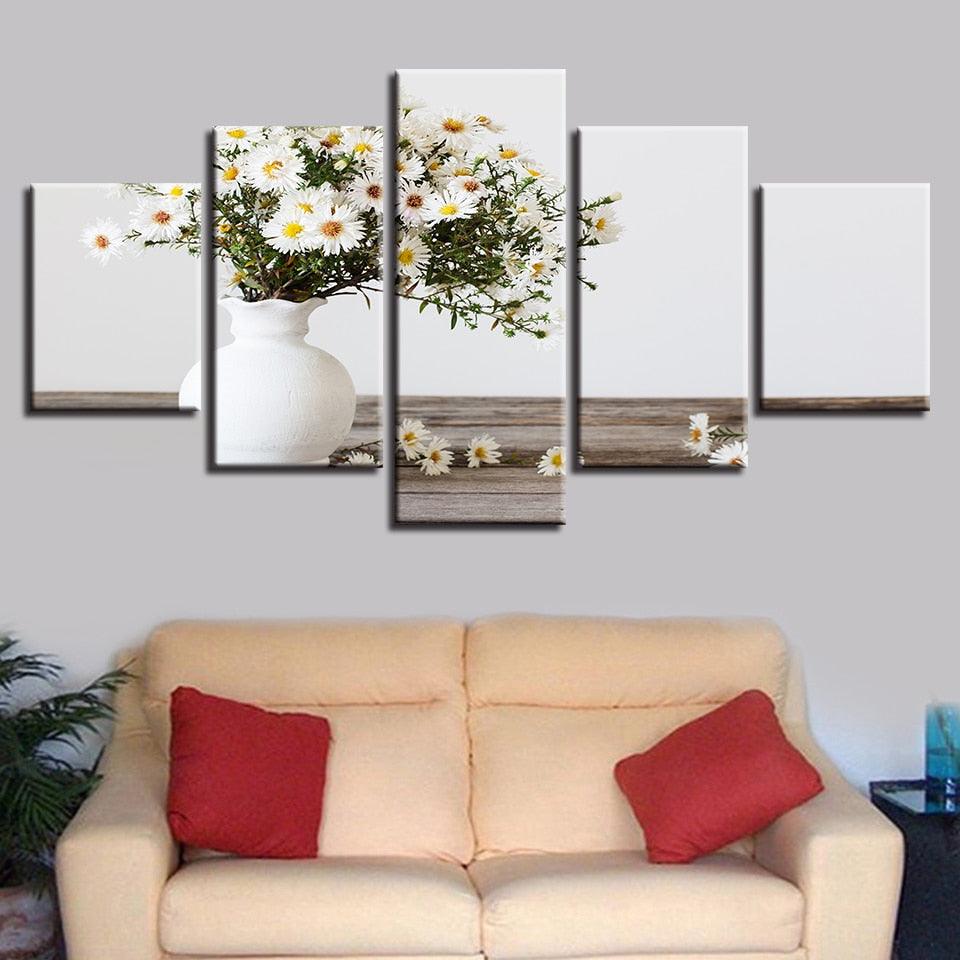 White Small Daisy 5 Piece HD Multi Panel Canvas Wall Art Frame - Original Frame