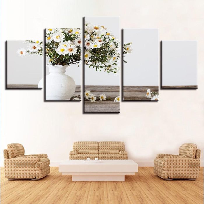 White Small Daisy 5 Piece HD Multi Panel Canvas Wall Art Frame