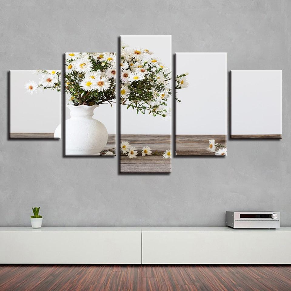 White Small Daisy 5 Piece HD Multi Panel Canvas Wall Art Frame - Original Frame