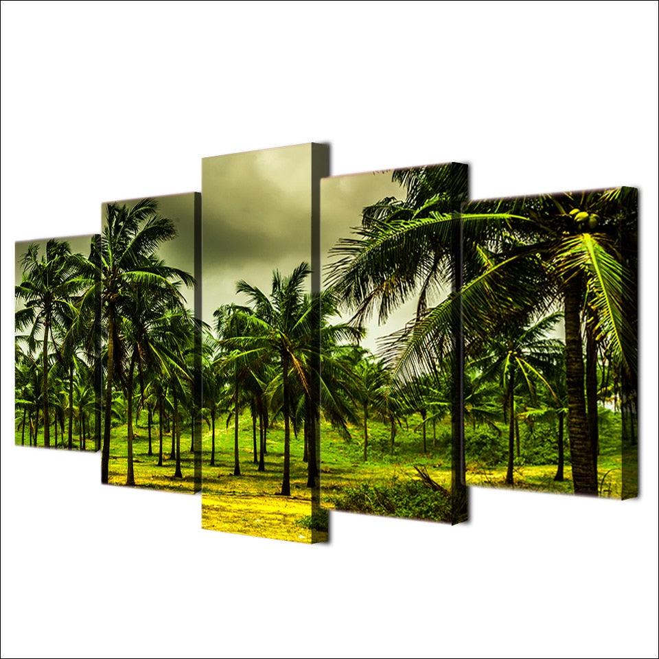 Tropical Coconut Trees 5 Piece HD Multi Panel Canvas Wall Art Frame - Original Frame