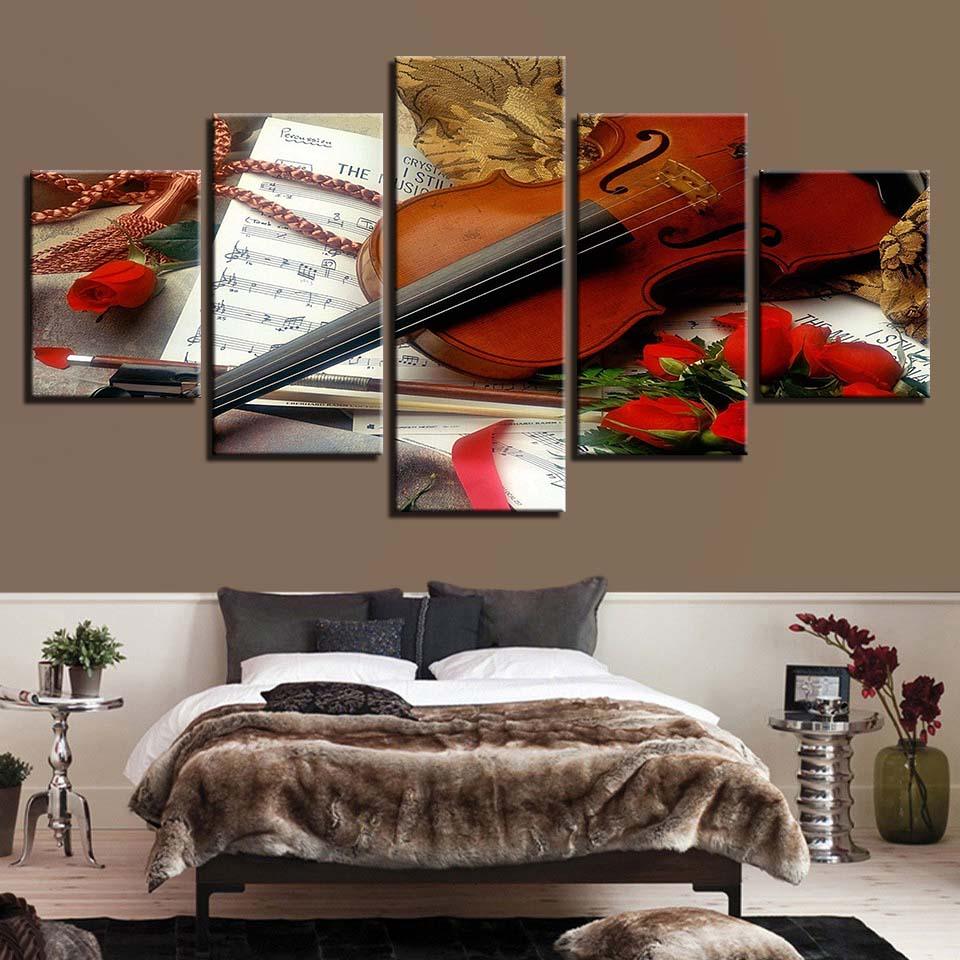 Violin And Red Roses 5 Piece HD Multi Panel Canvas Wall Art Frame - Original Frame