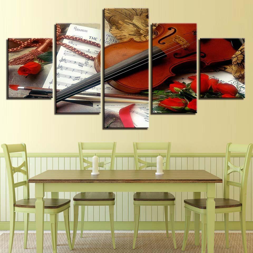 Violin And Red Roses 5 Piece HD Multi Panel Canvas Wall Art Frame - Original Frame