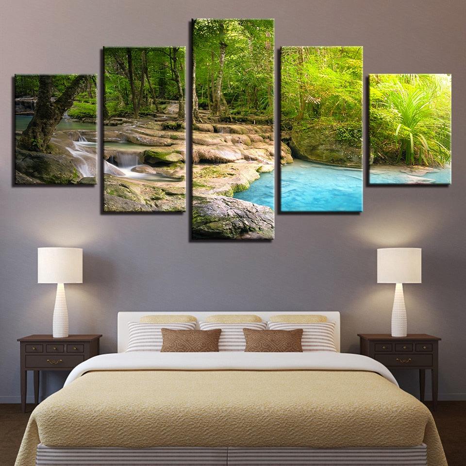 Forest Lake Flowing 5 Piece HD Multi Panel Canvas Wall Art Frame - Original Frame